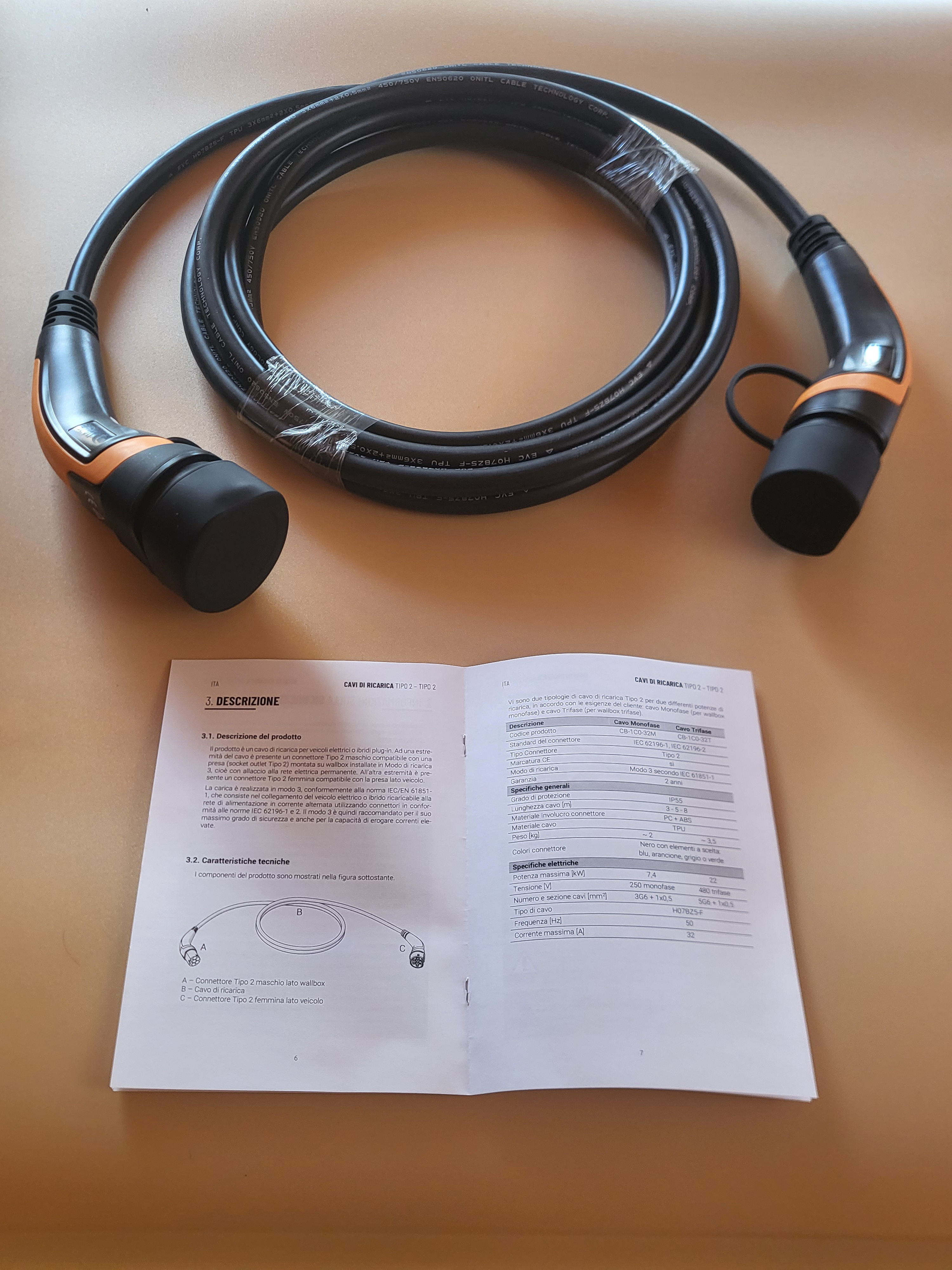 Cavi di ricarica Auto Elettrica  - Tipo 2 MONOFASE - Colore Arancione - Lunghezza cavo: 5 metri