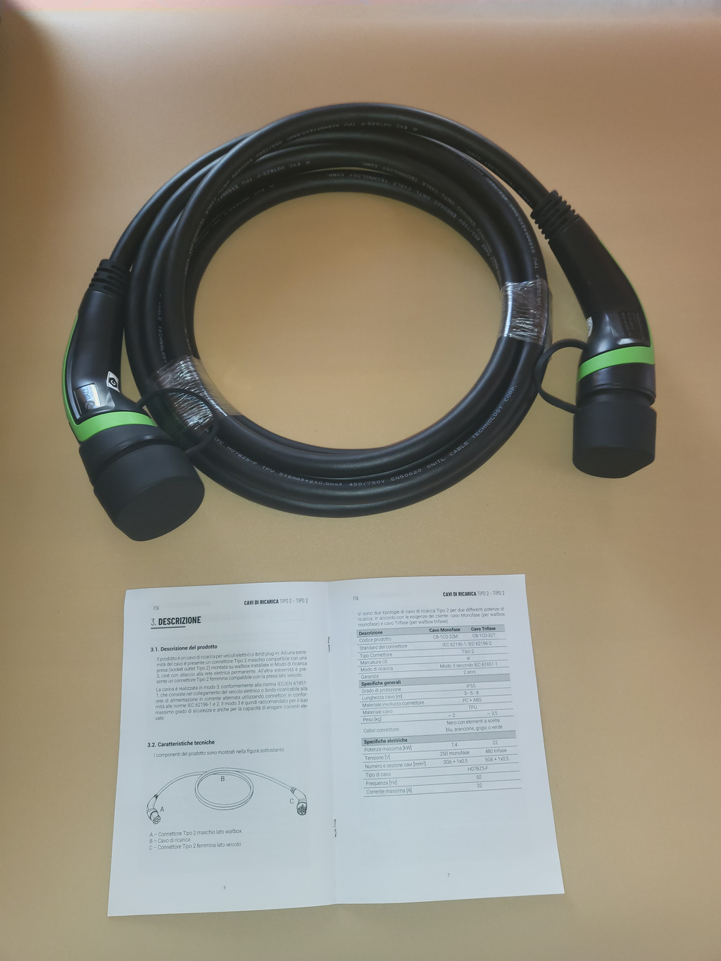 Cavi di ricarica Auto Elettrica  - Tipo 2 TRIFASE - Colore Verde - Lunghezza cavo: 5 metri