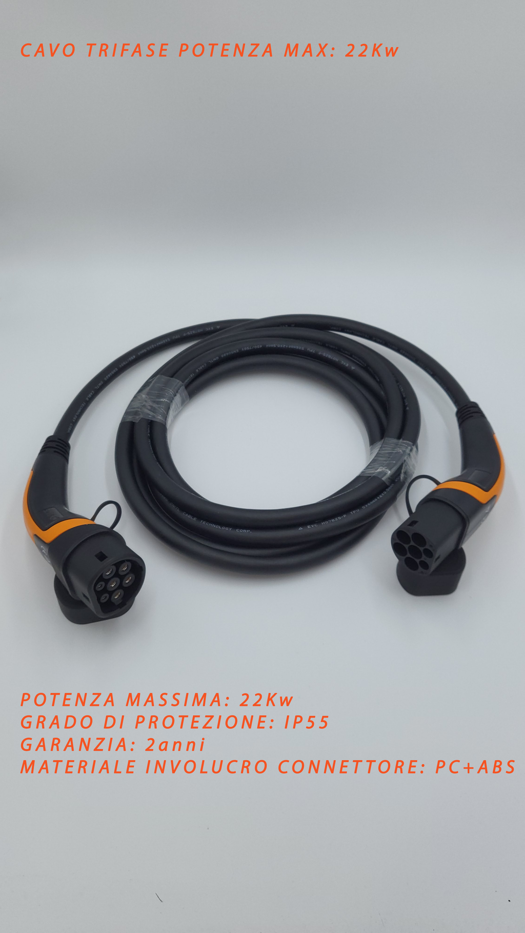 Cavi di ricarica Auto Elettrica  - Tipo 2 TRIFASE - Colore Arancione - Lunghezza cavo: 5 metri