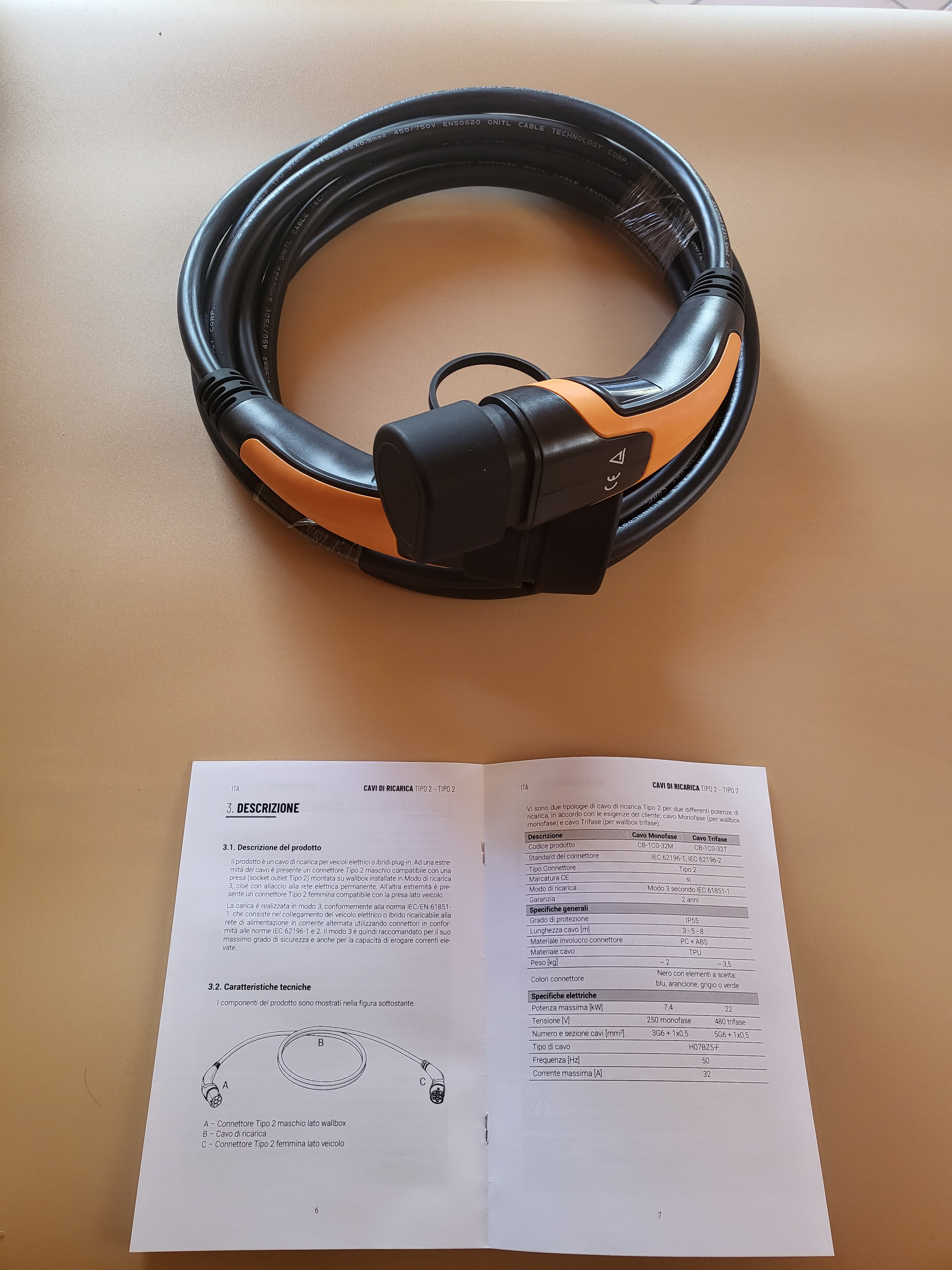 Cavi di ricarica Auto Elettrica  - Tipo 2 MONOFASE - Colore Arancione - Lunghezza cavo: 5 metri