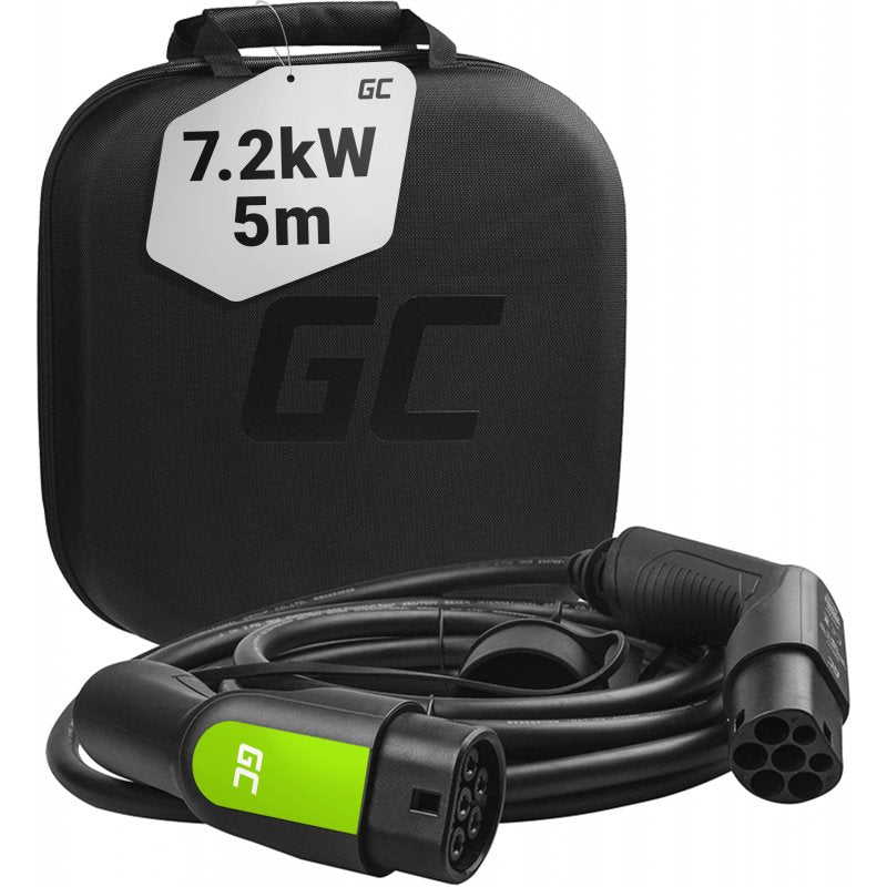 Green Cell Cavo Tipo 2 7.2kW 5m 32A Monofasico per e-208, For two, 500e, i3, e-Up, e-Golf, Leaf, UX 300e, I-Pace, Citigo iV