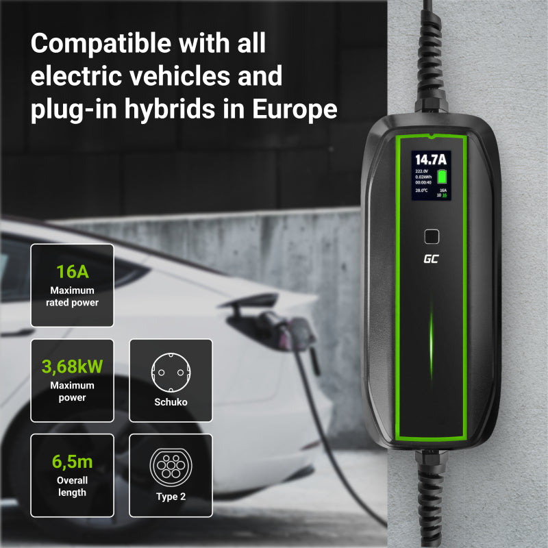 Green Cell Caricabatterie Portatile 3.6kW Tipo 2 - Schuko 6.5m GC PowerCable per la ricarica EV Auto Elettriche e Ibride Plug-In
