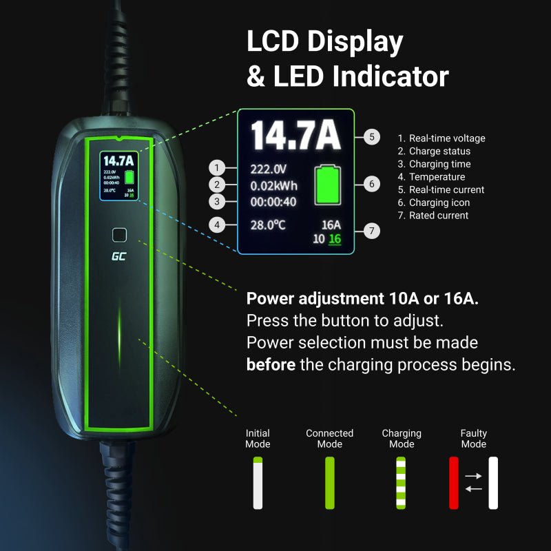 Green Cell Caricabatterie Portatile 3.6kW Tipo 2 - Schuko 6.5m GC PowerCable per la ricarica EV Auto Elettriche e Ibride Plug-In