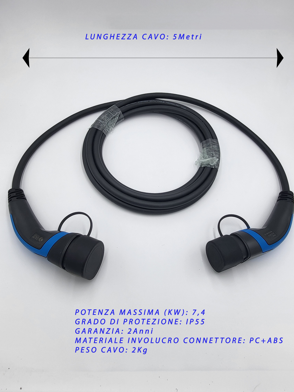 Cavi di ricarica Auto Elettrica   - Tipo 2 MONOFASE - Colore Blu - Lunghezza cavo: 5 metri