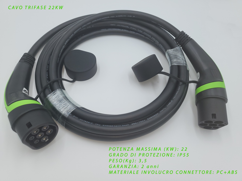 Cavi di ricarica Auto Elettrica  - Tipo 2 TRIFASE - Colore Verde - Lunghezza cavo: 5 metri