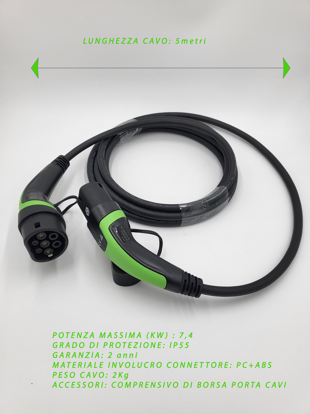 Cavi di ricarica Auto Elettrica  - Tipo 2 MONOFASE - Colore Verde - Lunghezza cavo: 5 metri