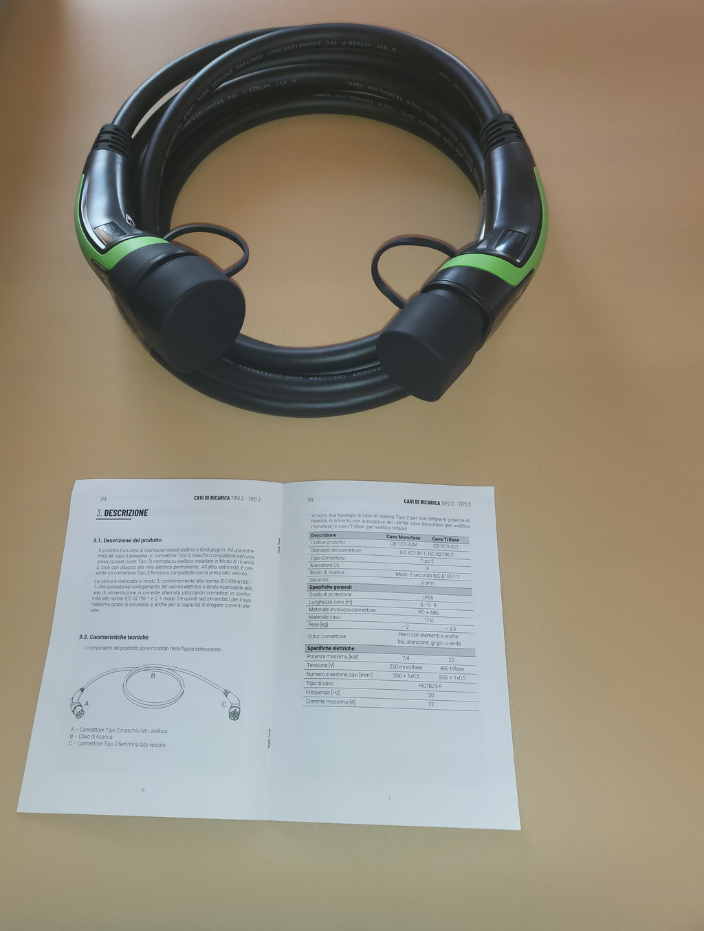 Cavi di ricarica Auto Elettrica  - Tipo 2 TRIFASE - Colore Verde - Lunghezza cavo: 5 metri