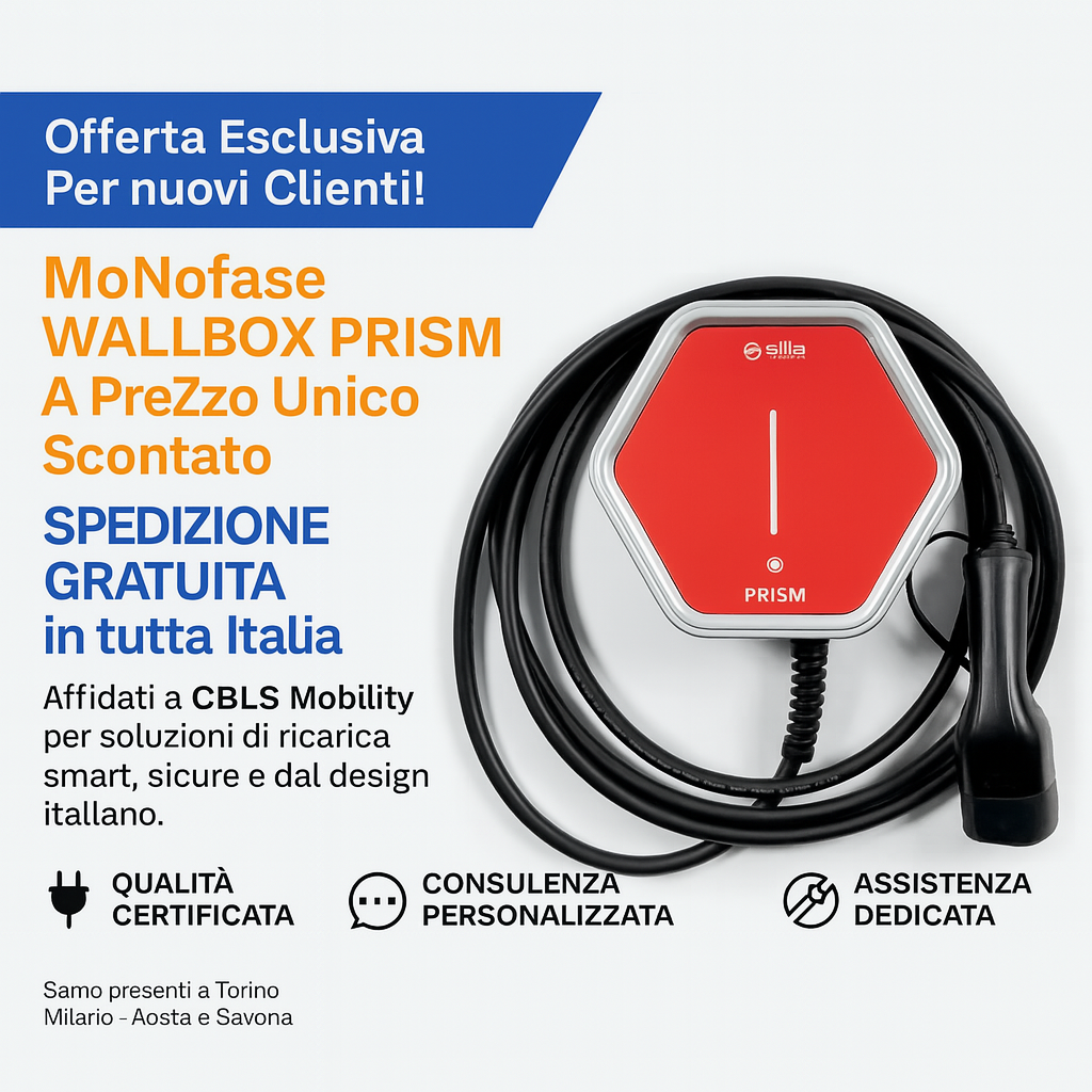 Silla Prism Basic Wallbox MONOFASE - 7,4kW, CAVO 5m - Negozio a Torino - Spedizione in Tutta Italia