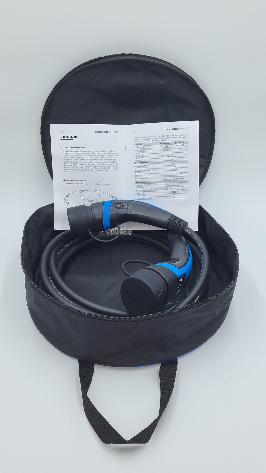 Cavi di ricarica Auto Elettrica   - Tipo 2 TRIFASE - Colore Blu - Lunghezza cavo: 8 metri